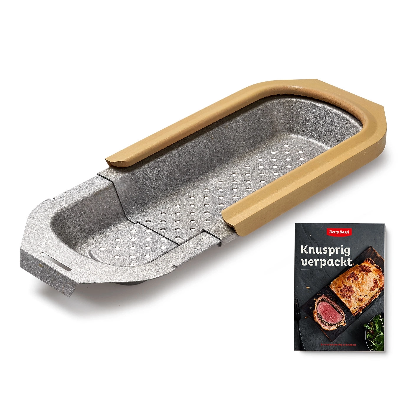 Küchenutensil mit Buch, Kochbuch, Backen, Kochen, Essen, Rezept, Küche, Werkzeug, Metall, braun