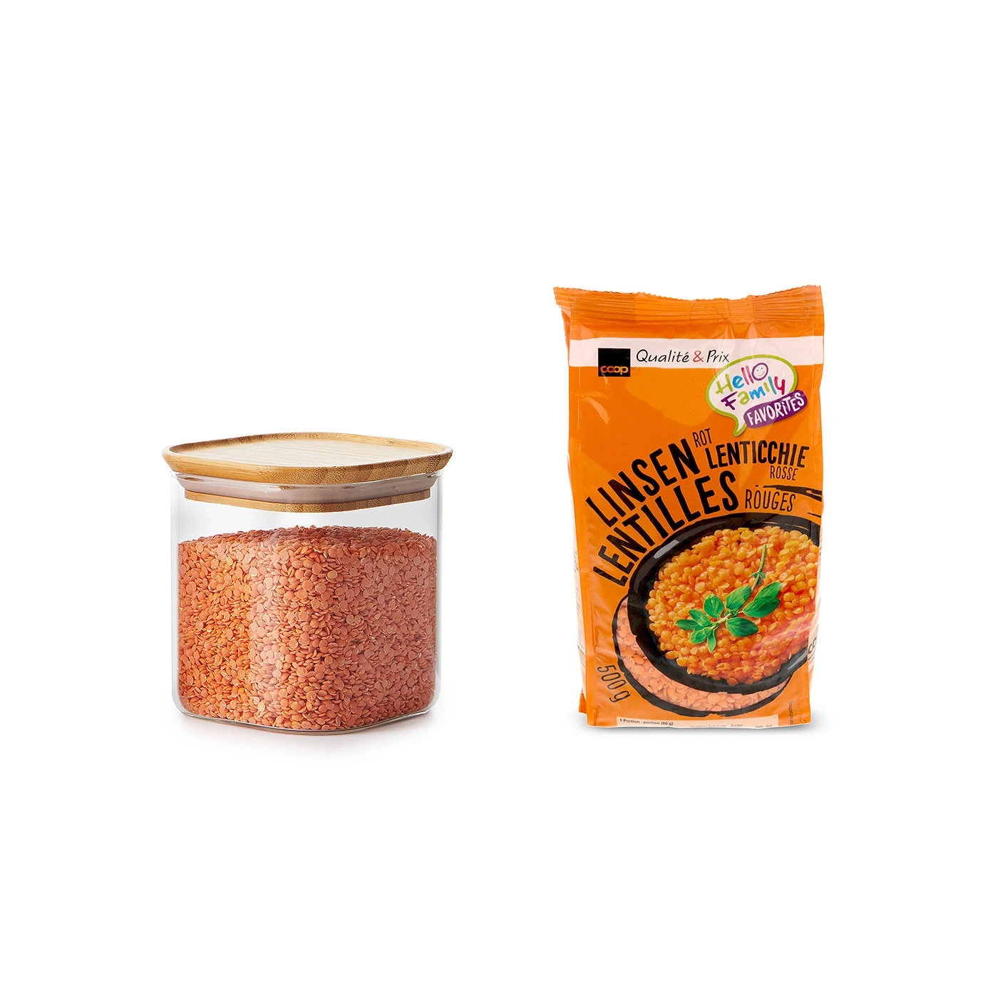 Bocal de lentilles et un paquet de lentilles rouges, coop, Hello Family Favorites