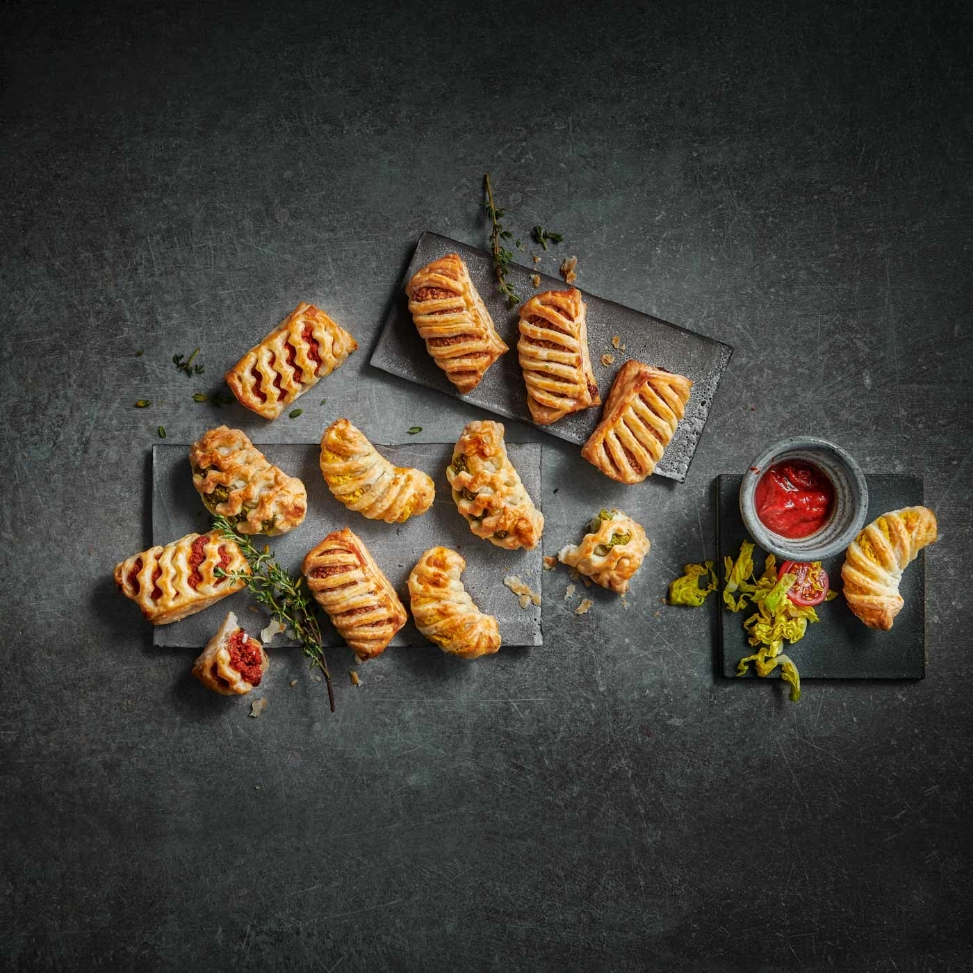 Köstliche Gebäckstücke mit Soße auf dunklem Hintergrund, appetitlich angerichtet.