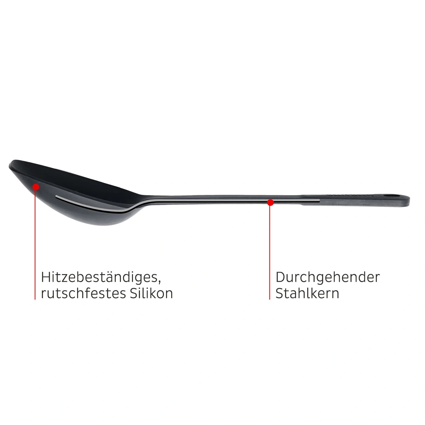 Schwarzer Löffel mit hitzebeständigem Silikon und durchgehendem Stahlkern.
