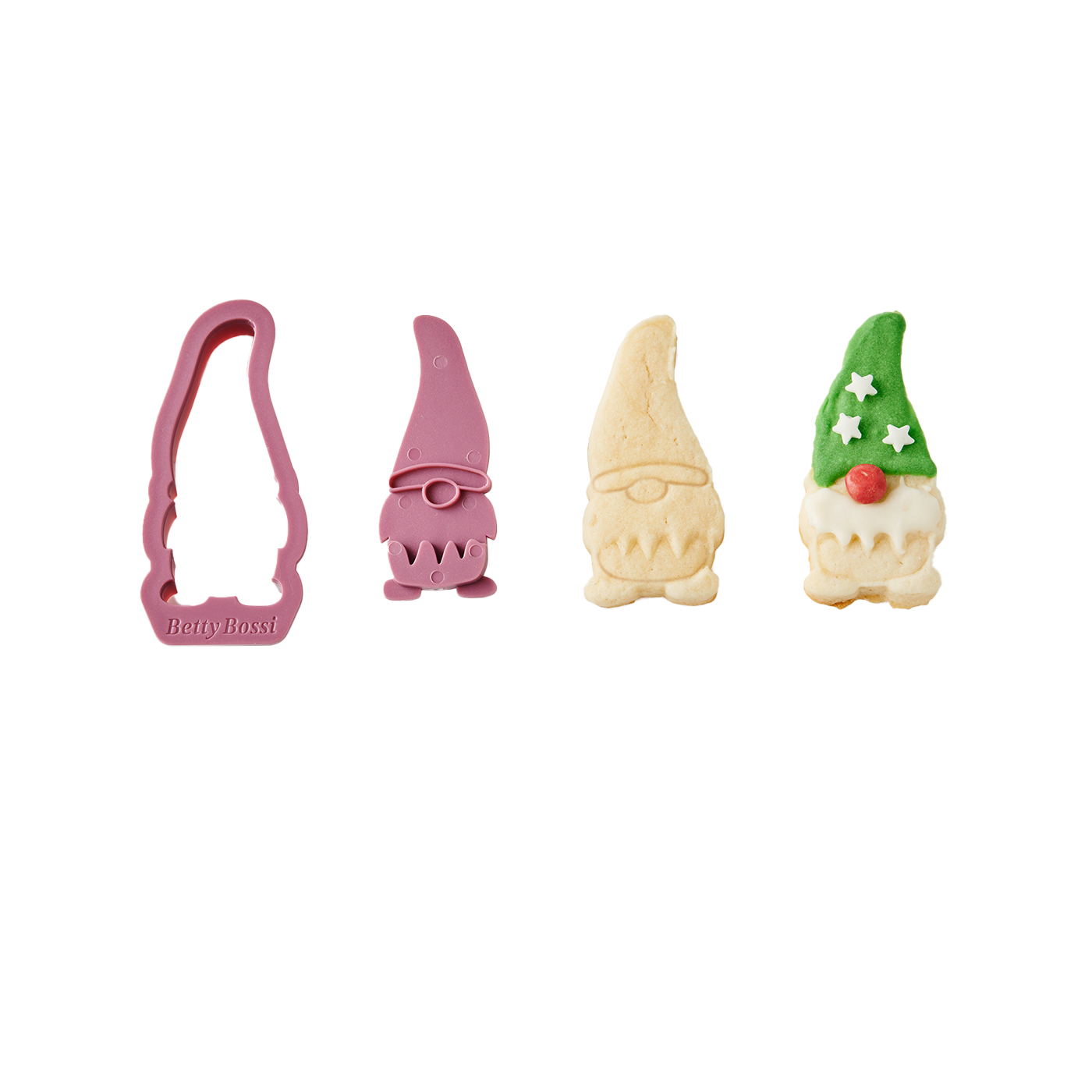 Keksformen und Kekse in Form von Zwergen auf weißem Hintergrund