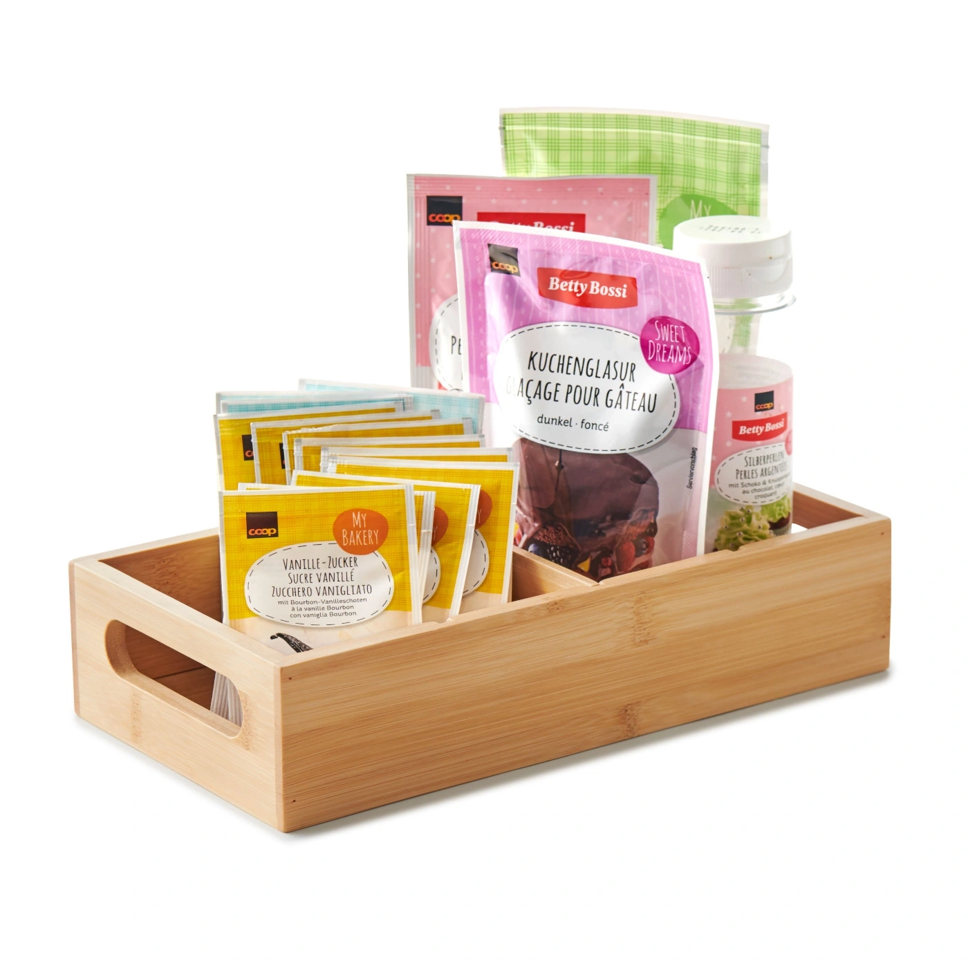 Plateau en bois avec ingrédients de boulangerie, Betty Bossi, sucre vanillé, glaçage, Coop
