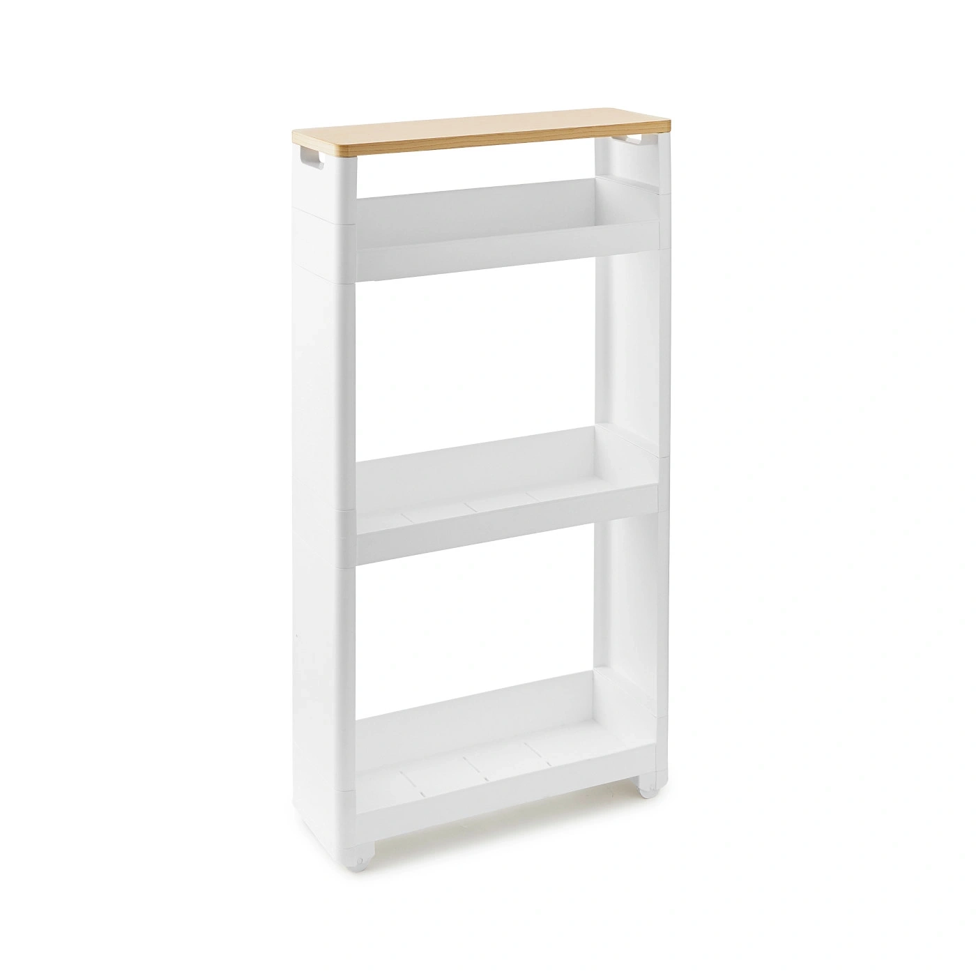 Étagère blanche avec plateau en bois et trois niveaux, parfaite pour la cuisine.