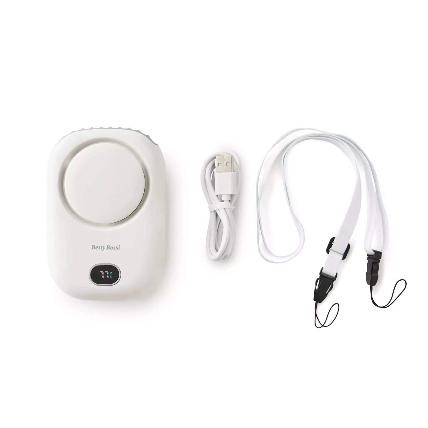Un ventilateur de cou blanc avec câble USB et cordon