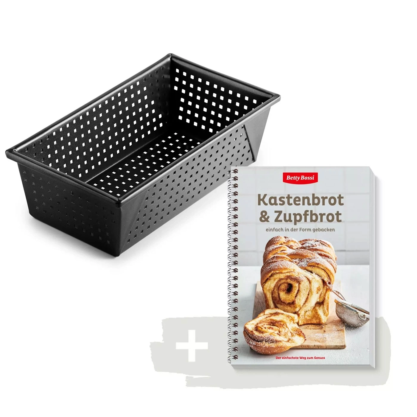 Moule à pain et livre de cuisine intitulé Kastenbrot & Zupfbrot de Betty Bossi