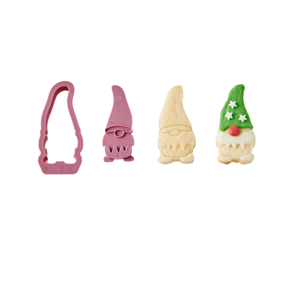 Betty Bossi Guetzli-Ausstecher Wichtel 6-7 cm - 3er-Set Keksformen und Kekse in Form von Zwergen auf weißem Hintergrund