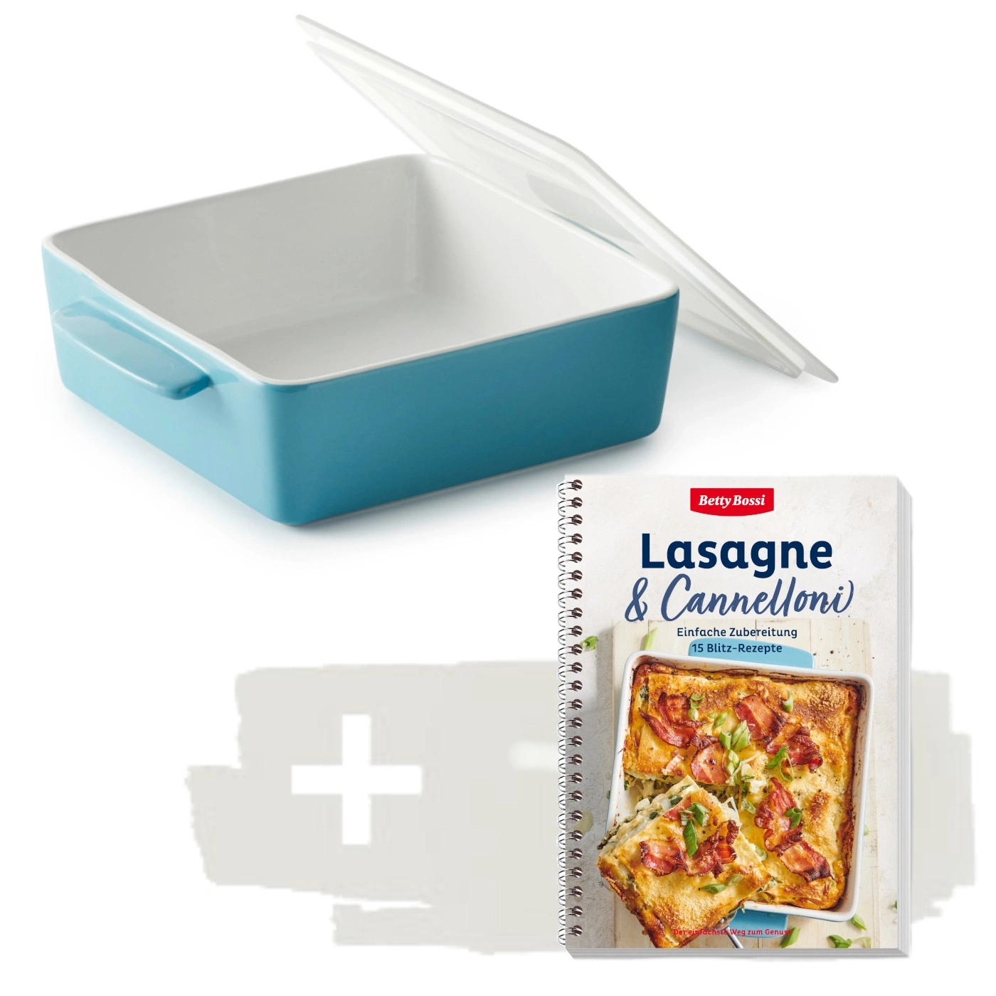 Blaues Backgeschirr mit Deckel und Kochbuch Lasagne & Cannelloni