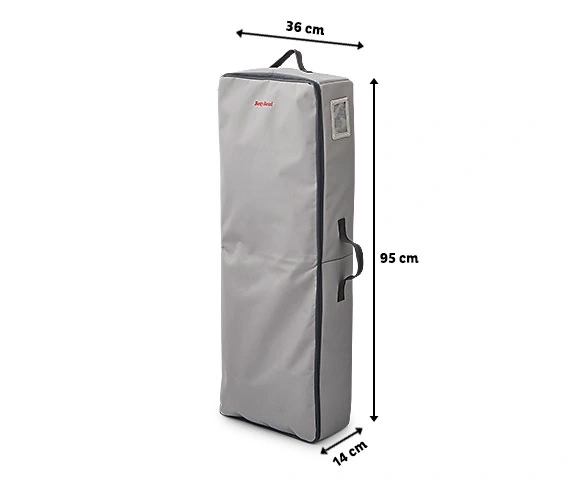 Sac de transport gris avec poignées, 95 cm de haut, 36 cm de large, 14 cm de profondeur.