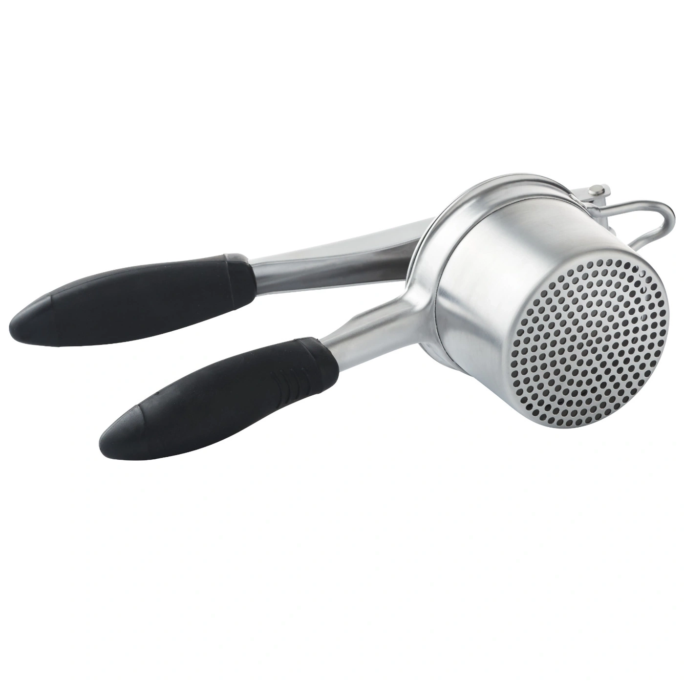Kartoffelstampfer aus Metall mit schwarzen Griffen, Küchenutensil, Nahaufnahme
