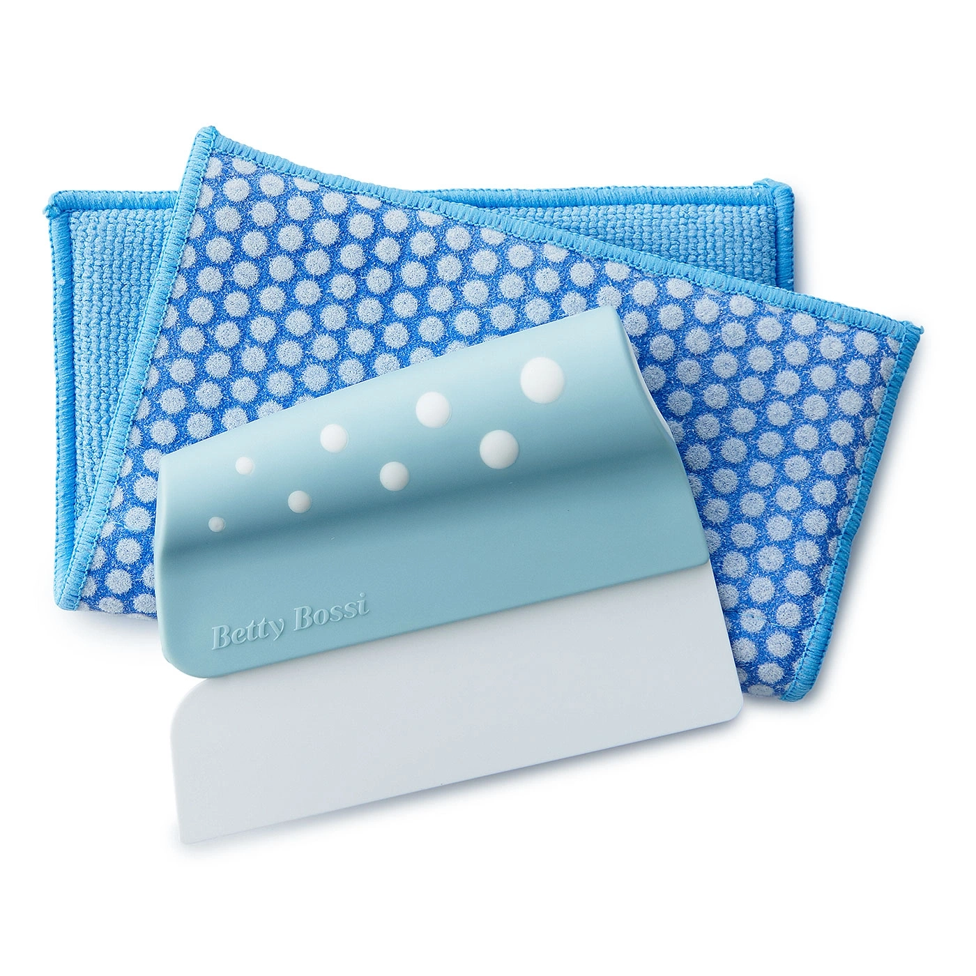Ensemble de nettoyage bleu avec raclette et chiffons en microfibre, Betty Bossi.