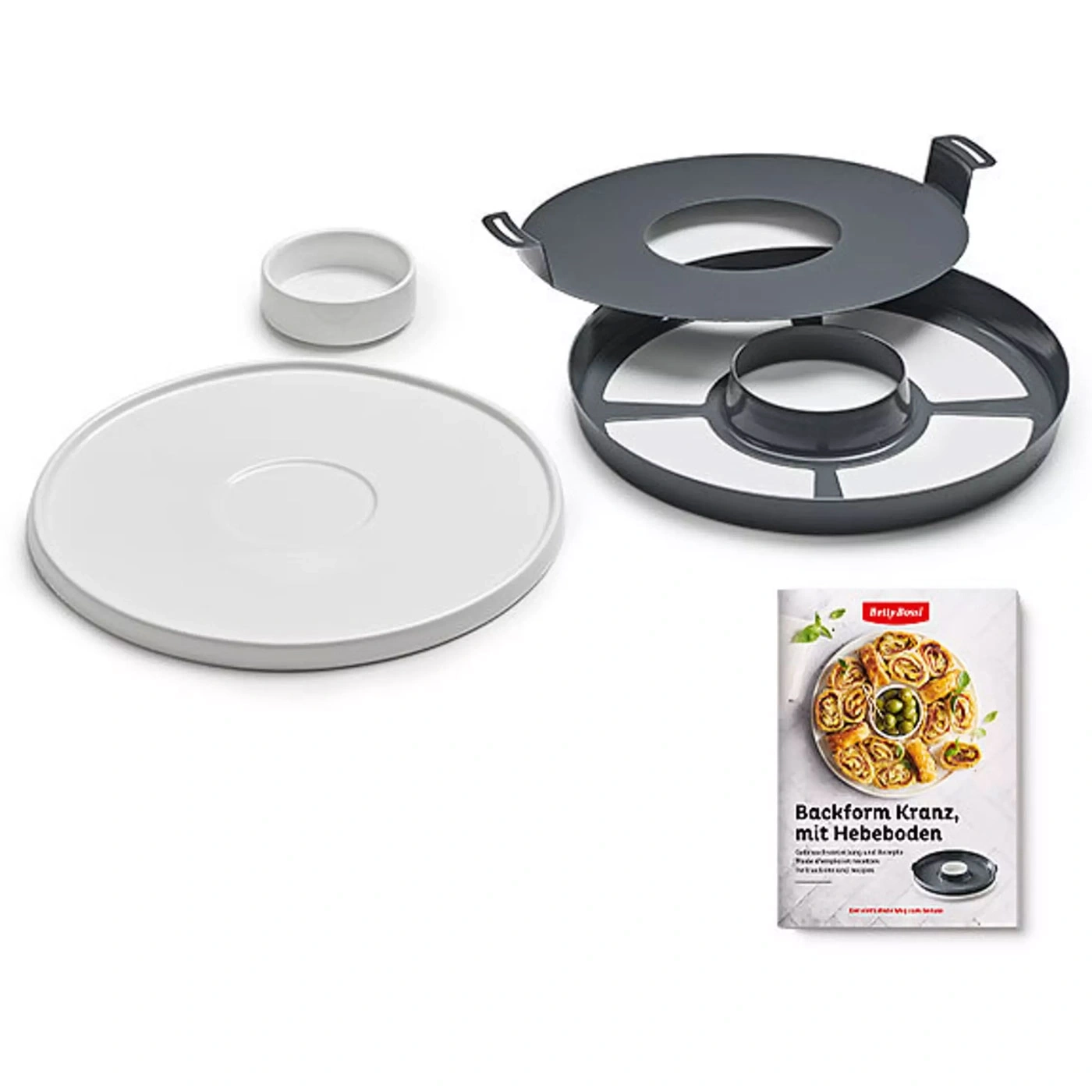 Moule à pâtisserie avec fond amovible, accessoires et livre de recettes. Moule à gâteau avec accessoires.