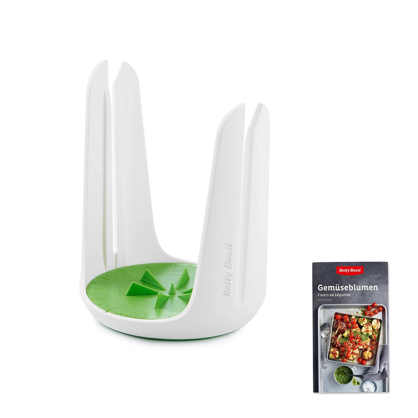 Weißes Küchenutensil mit grünem Einsatz und Kochbuch 'Gemüseblumen'
