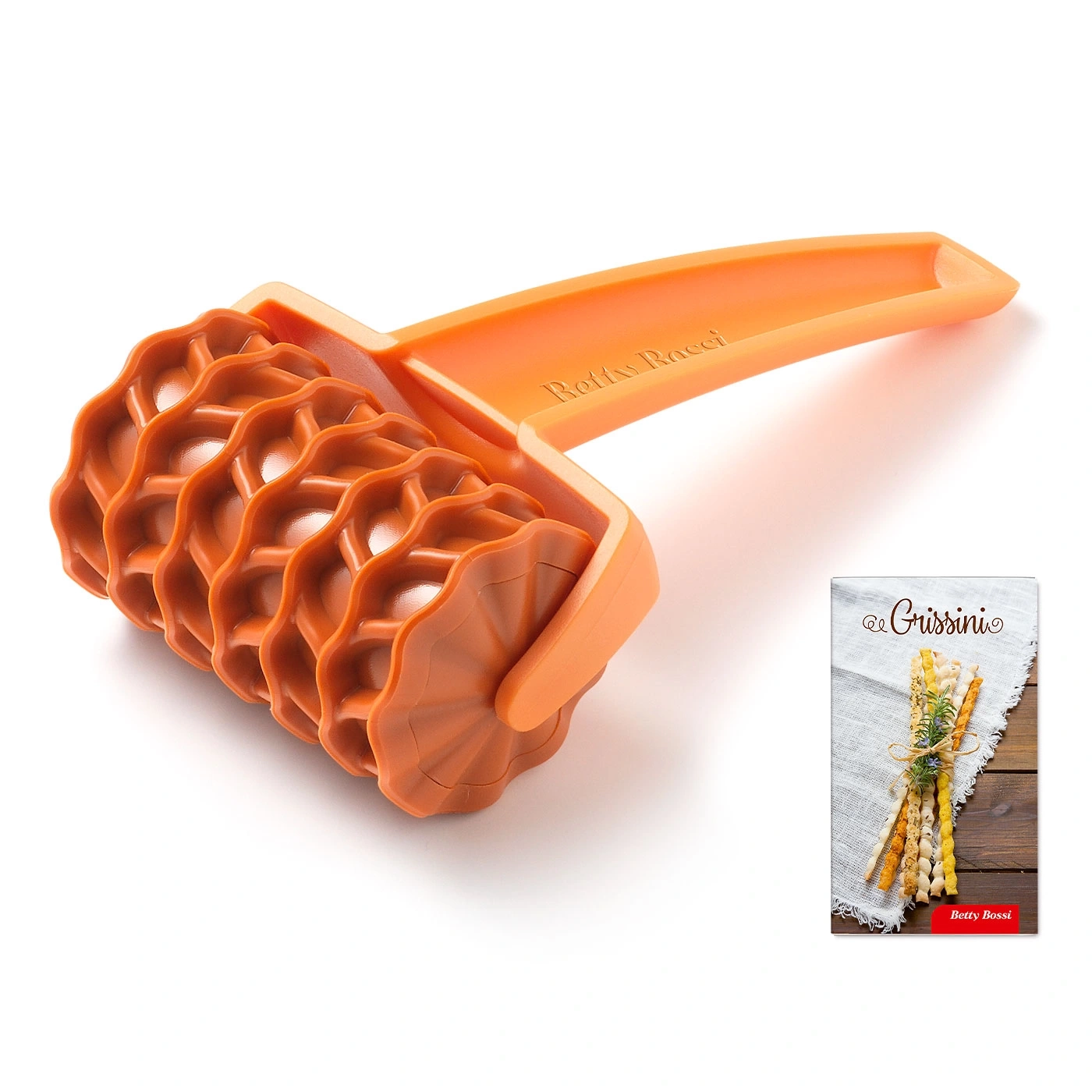Orange Backrolle mit Griff und Grissini-Verpackung, Betty Bossi.