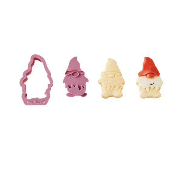Betty Bossi Guetzli-Ausstecher Wichtel 6-7 cm - 3er-Set Keksformen und Kekse in Form von Zwergen auf weißem Hintergrund.