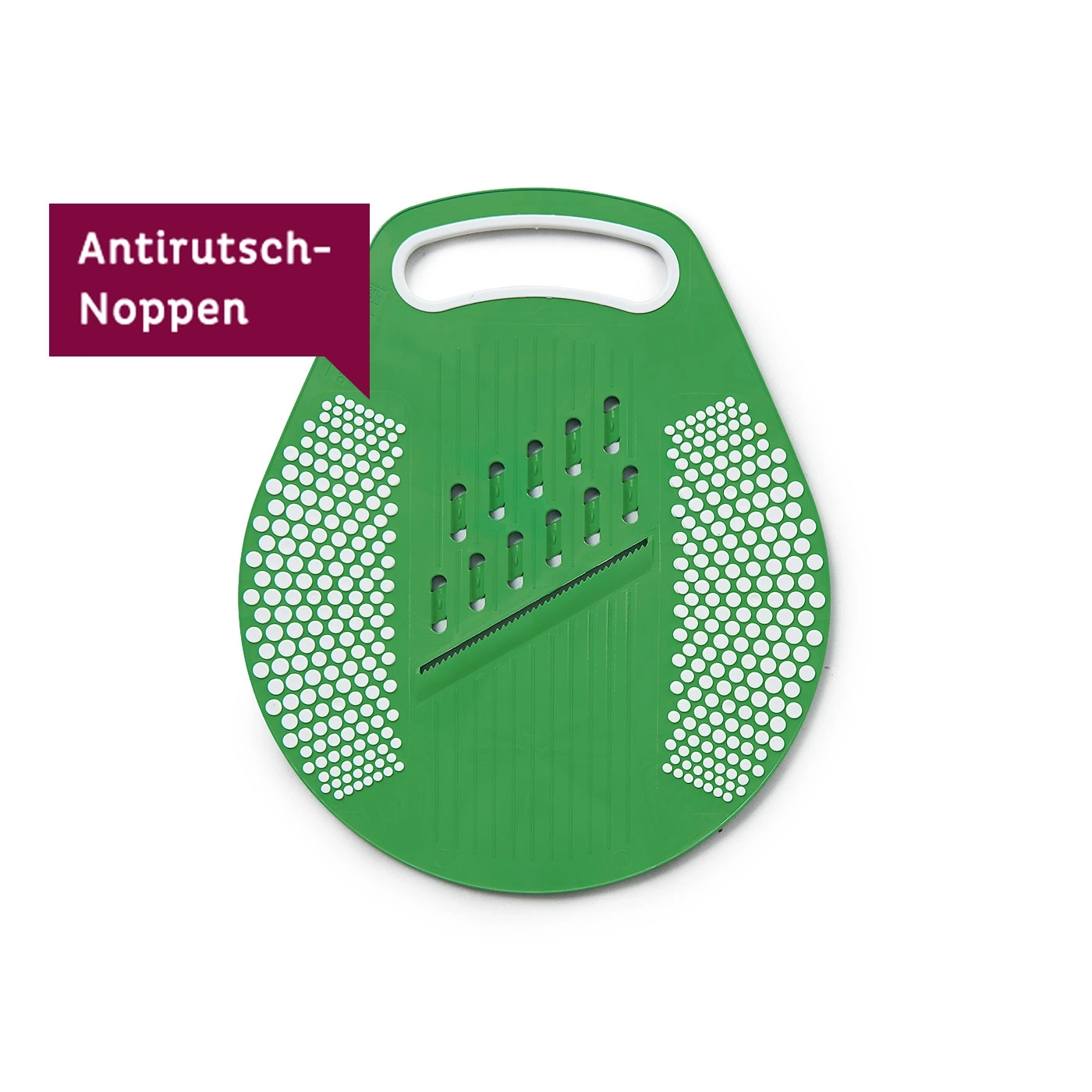 Grüner Reibeisen mit Anti-Rutsch-Noppen und Griff, isoliert auf weißem Hintergrund.