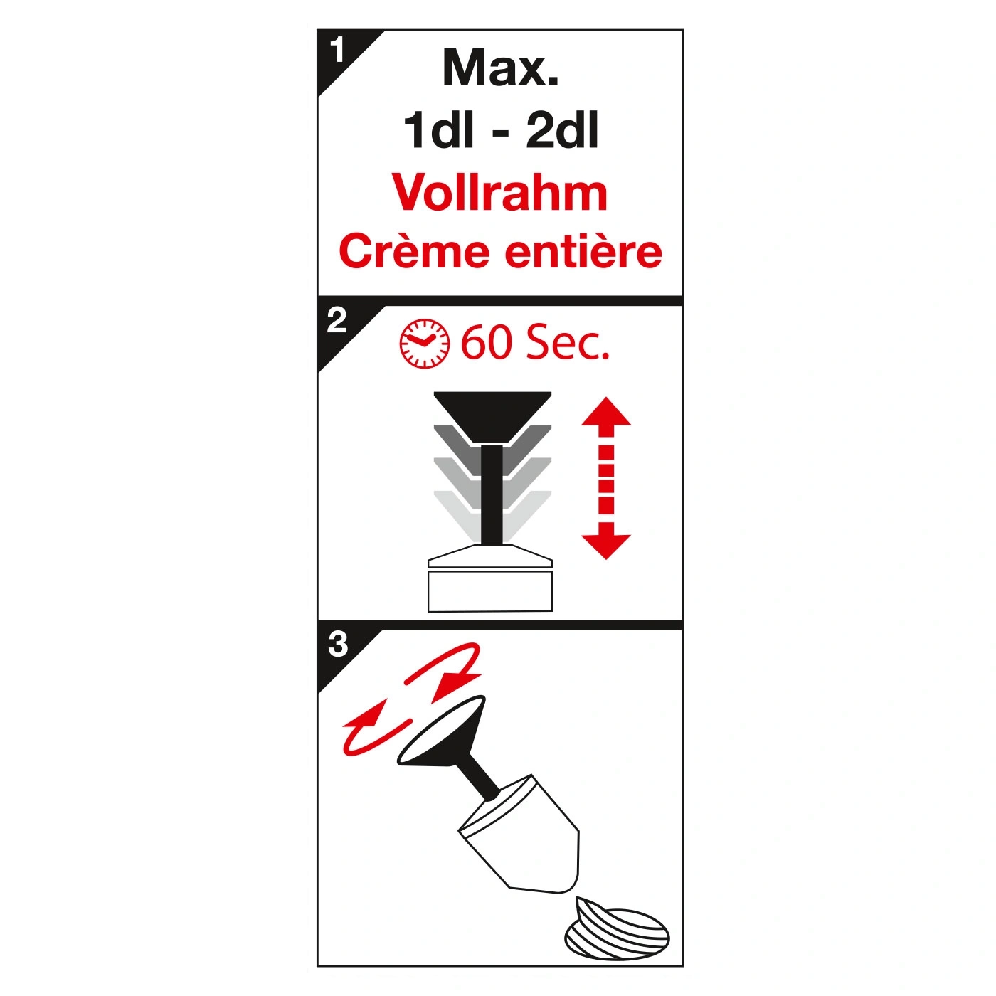 Anleitung für Sahne: Max. 1dl - 2dl, 60 Sekunden, Schritt 3.