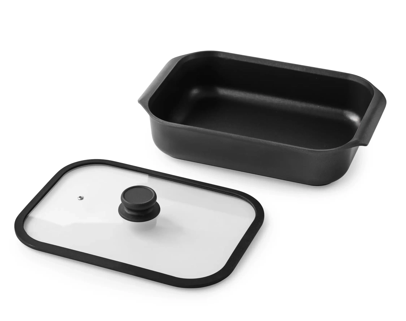 Plat noir avec couvercle en verre et poignée