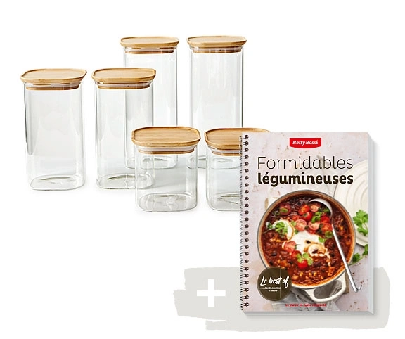 Bocaux en verre avec couvercles en bois et livre de recettes de légumineuses