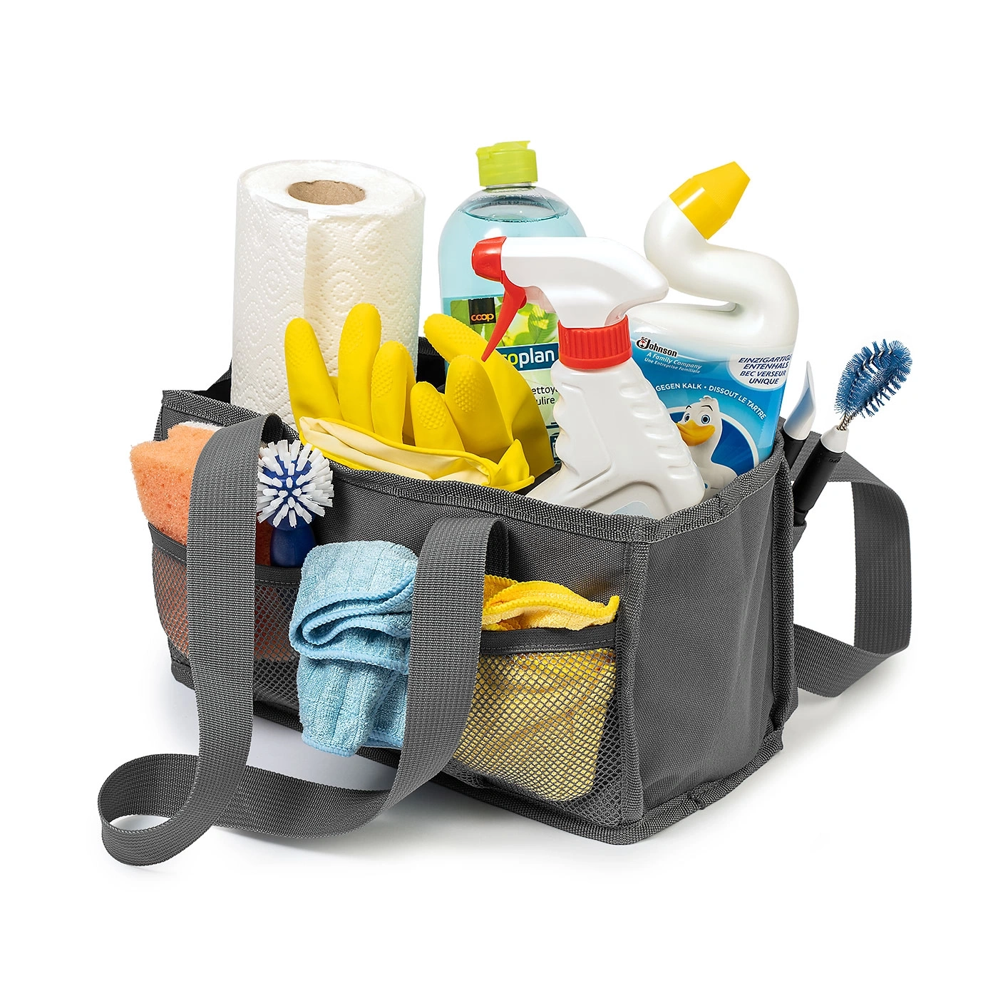 Reinigungsmittel-Set in einer grauen Tasche mit Griffen, bereit zum Putzen.