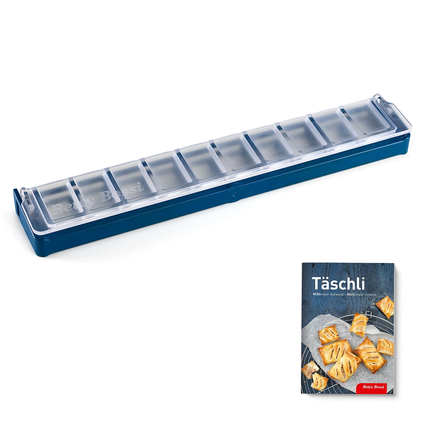 Blaues Tablett mit Deckel und Kochbuch 'Täschli' von Betty Bossi