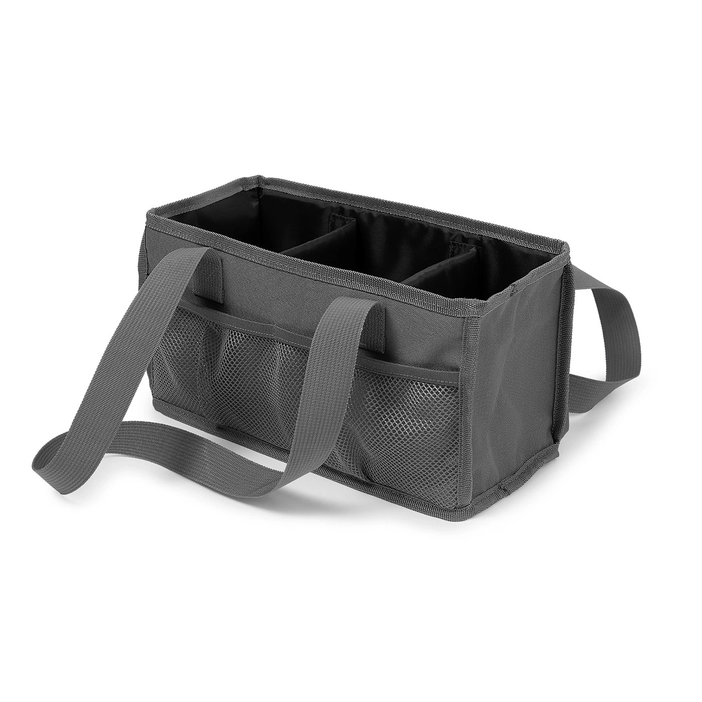 Sac de rangement gris avec poignées et poches en filet, vide, isolé sur blanc