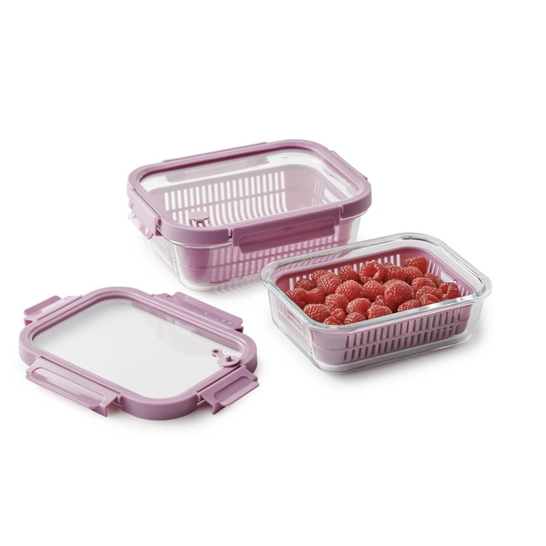 Récipient avec framboises, couvercle à côté, rose, transparent, cuisine, nourriture