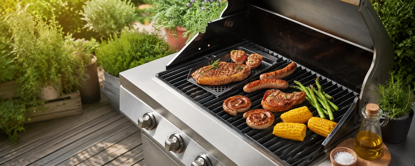 Fleisch und Gemüse auf einem Grill unter Sonnenlicht, mit Kräutern und Öl daneben.