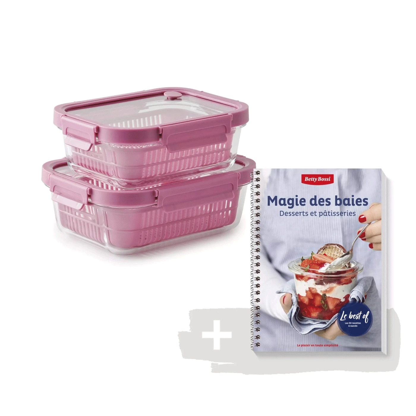 Récipients roses et livre de cuisine 'Magie des baies' avec desserts et pâtisseries.
