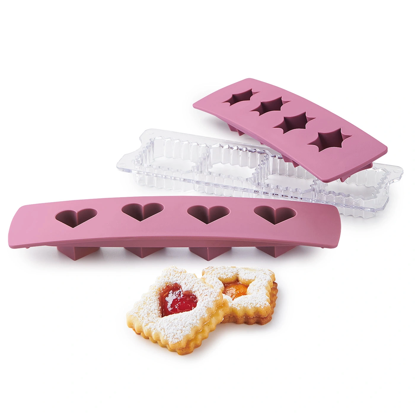 Moules à pâtisserie roses en forme d'étoiles et de coeurs, biscuits à la confiture et au sucre glace