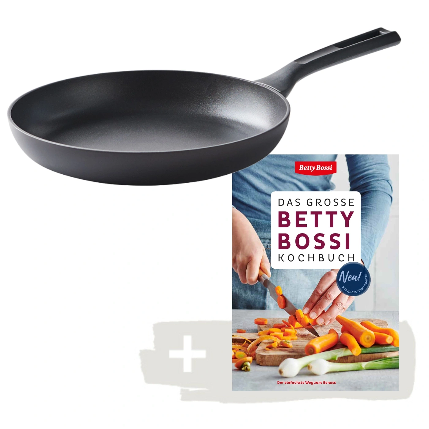 Pfanne und Kochbuch von Betty Bossi mit Karotten und Zwiebeln