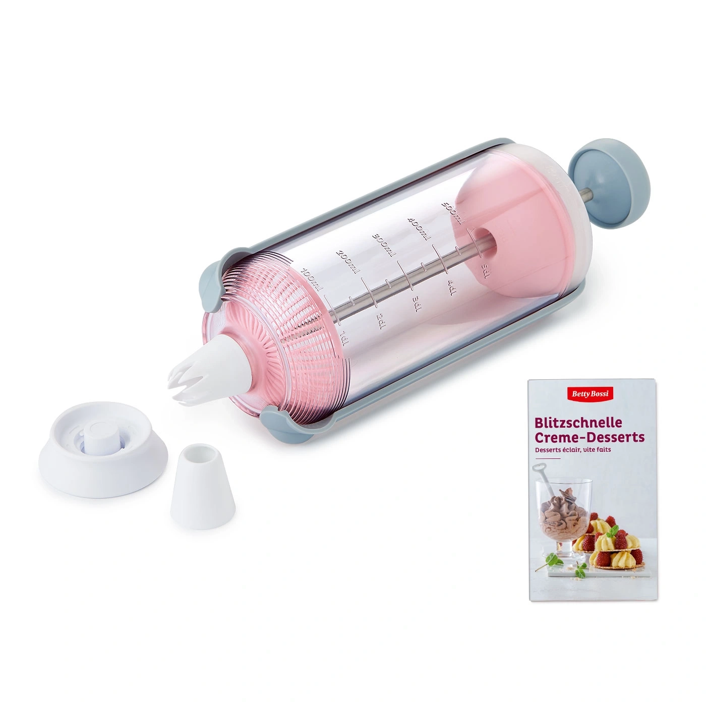 Dessert-Zubereiter mit Zubehör und Rezeptheft. Rosa und transparente Elemente.