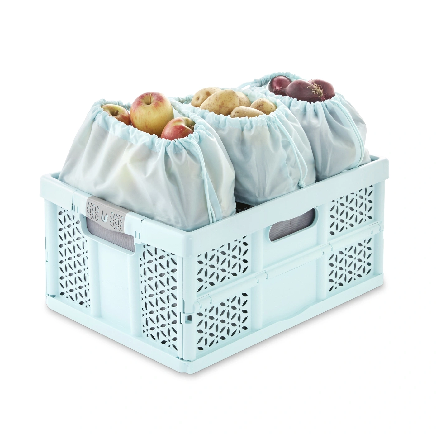 Boîte pliable bleu clair avec des sacs en tissu remplis de pommes, pommes de terre et oignons.