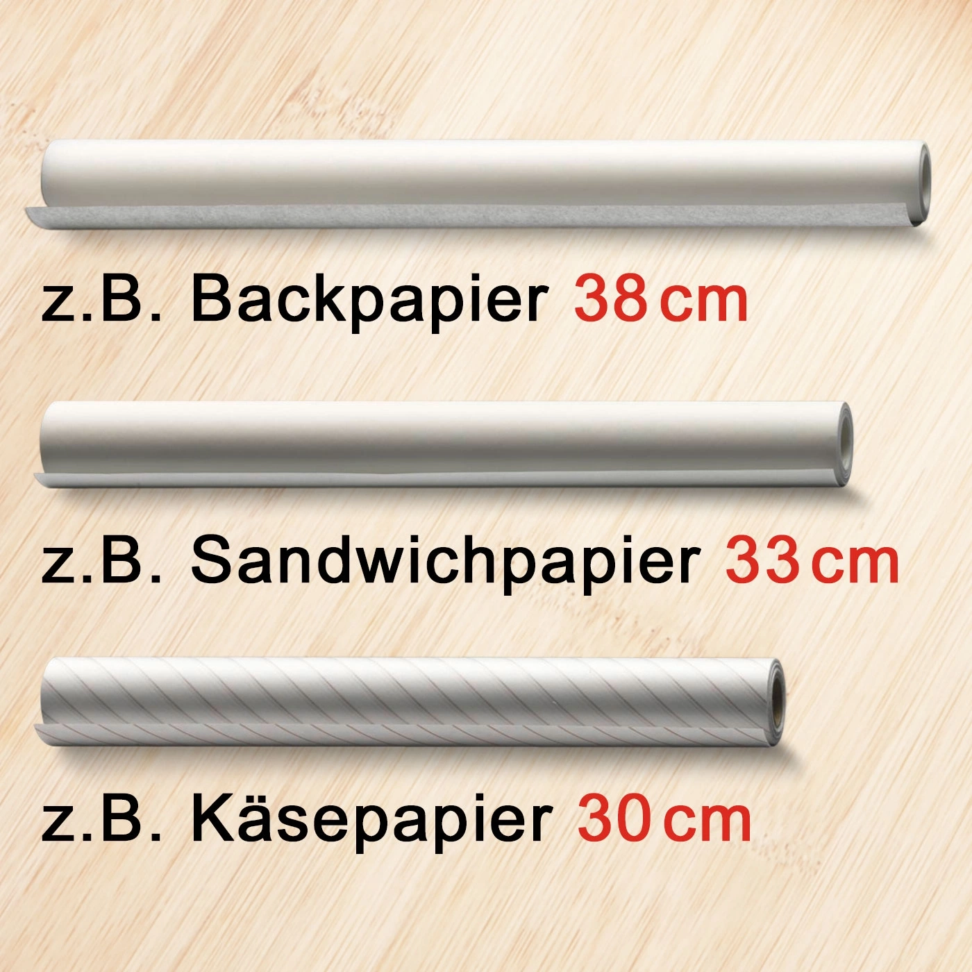 Backpapier, Sandwichpapier und Käsepapier, 38cm, 33cm, 30cm, auf Holzuntergrund
