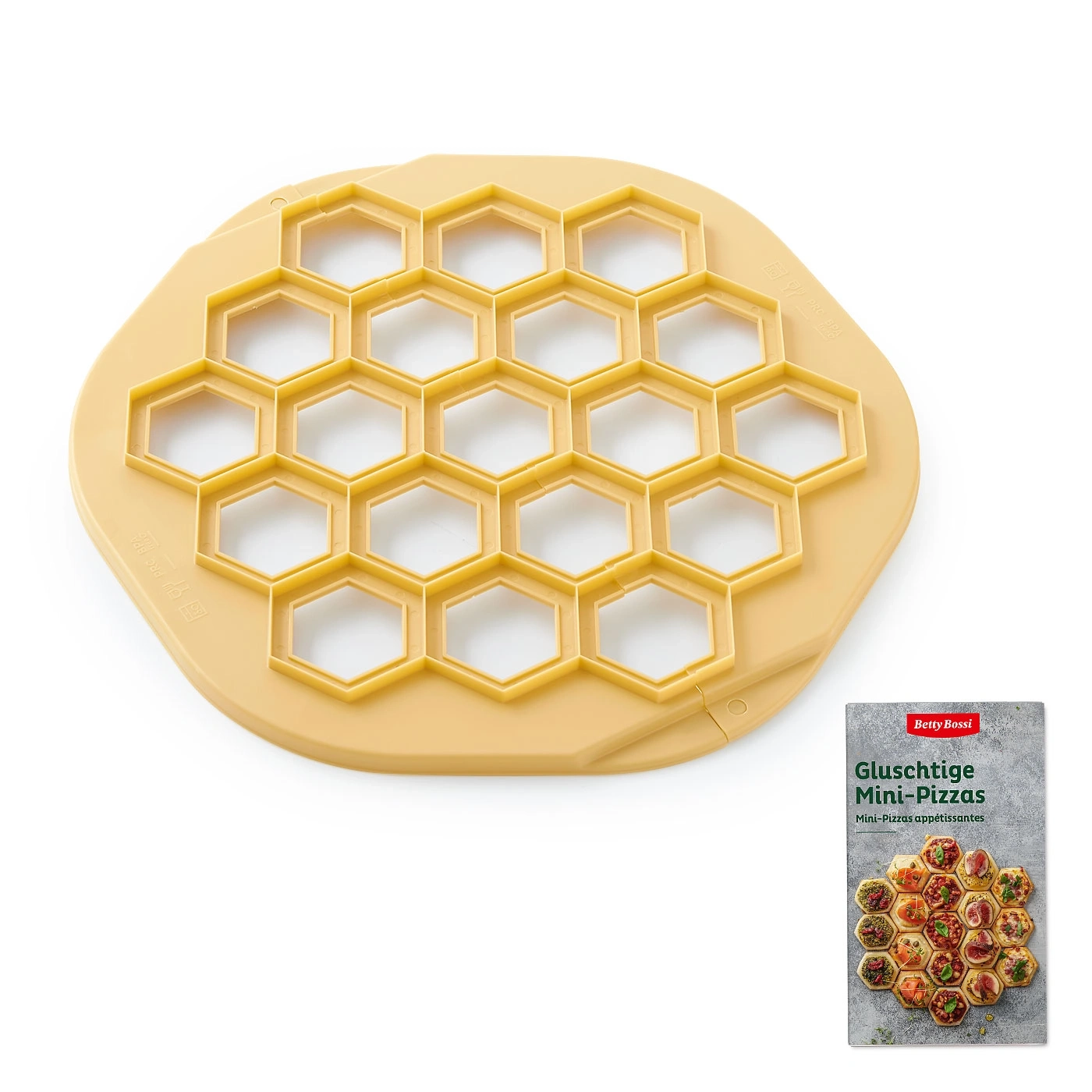 Gelbes Mini-Pizza-Werkzeug mit Verpackung, Mini-Pizzas, Betty Bossi, Küche