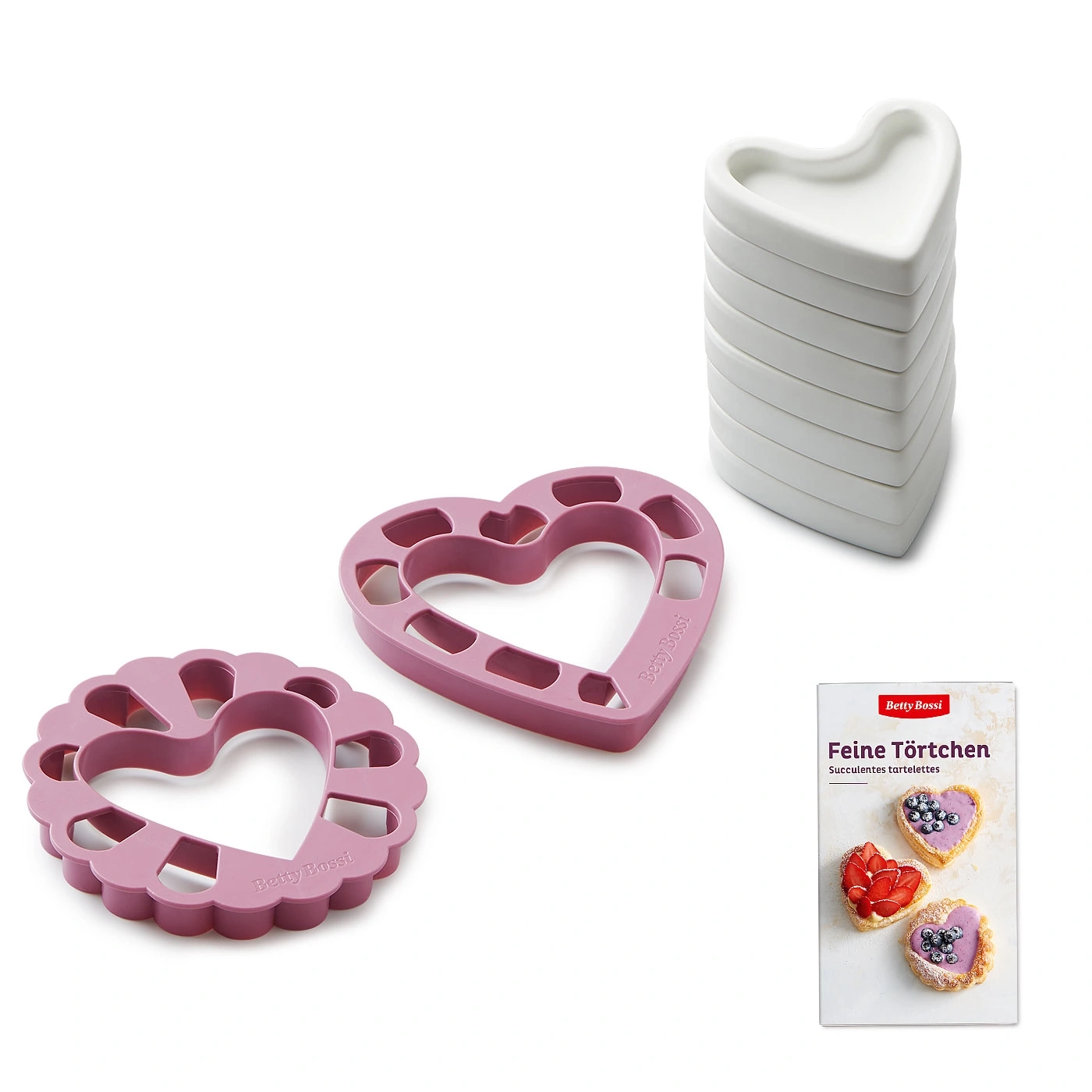 Rosa Herzformen, weiße Herzförmige Teller, Rezeptheft, Betty Bossi