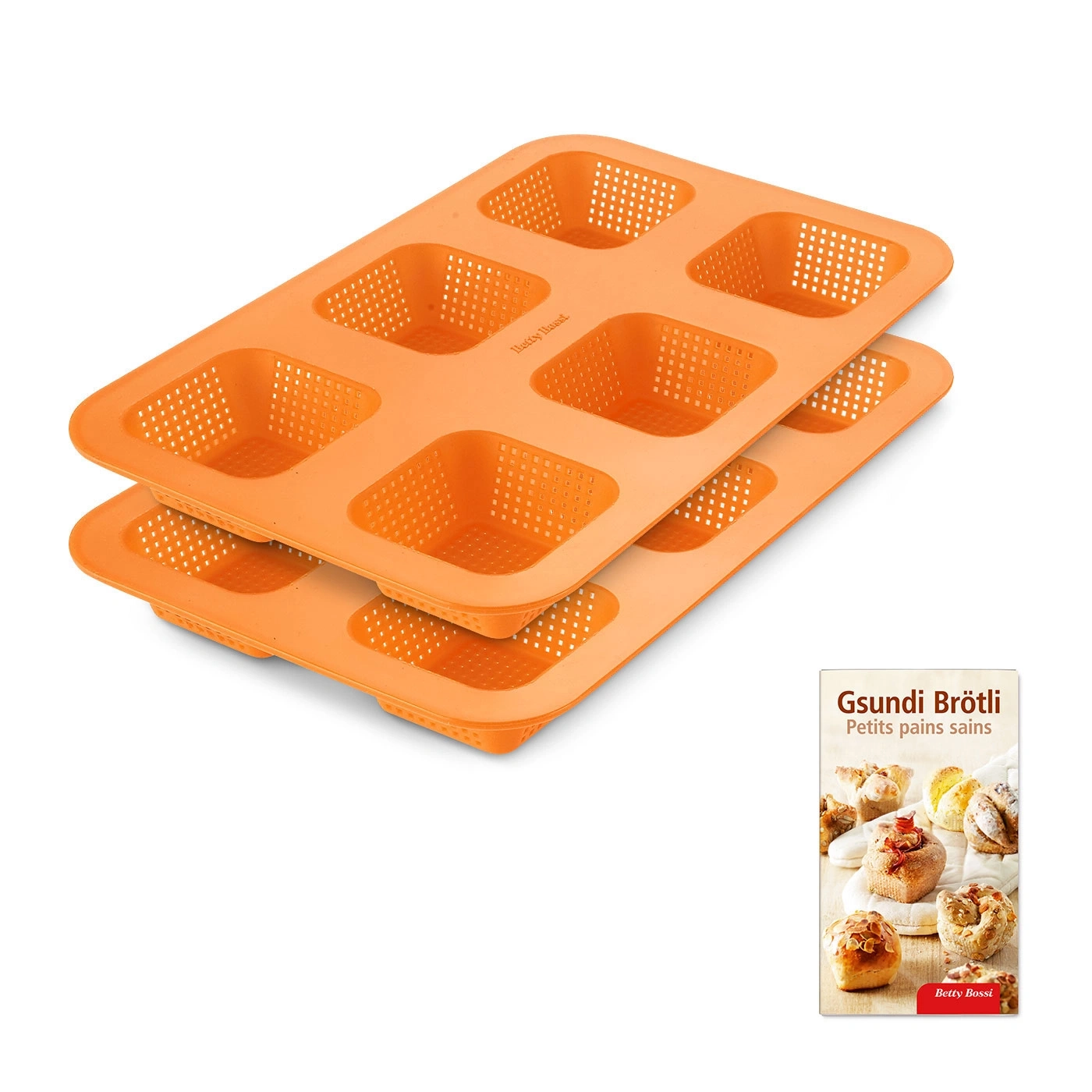 Orange Backformen mit Broschüre für gesunde Brötchen, Betty Bossi