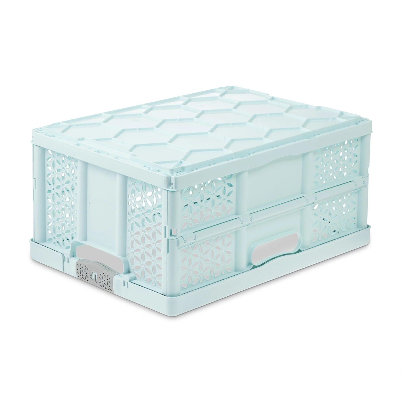 Boîte de rangement pliable bleu clair avec motif floral.