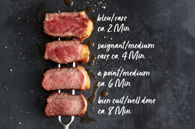 Steak-Zubereitung: bleu, saignant, à point, bien cuit. Garzeiten: 2, 4, 6, 8 Minuten.