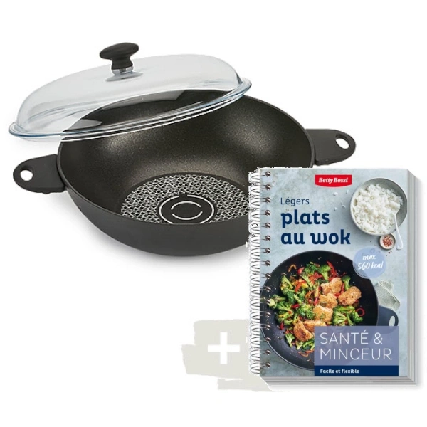 Wok mit Glasdeckel und Kochbuch 'Leichte Wok-Gerichte' für Gesundheit und Abnehmen.