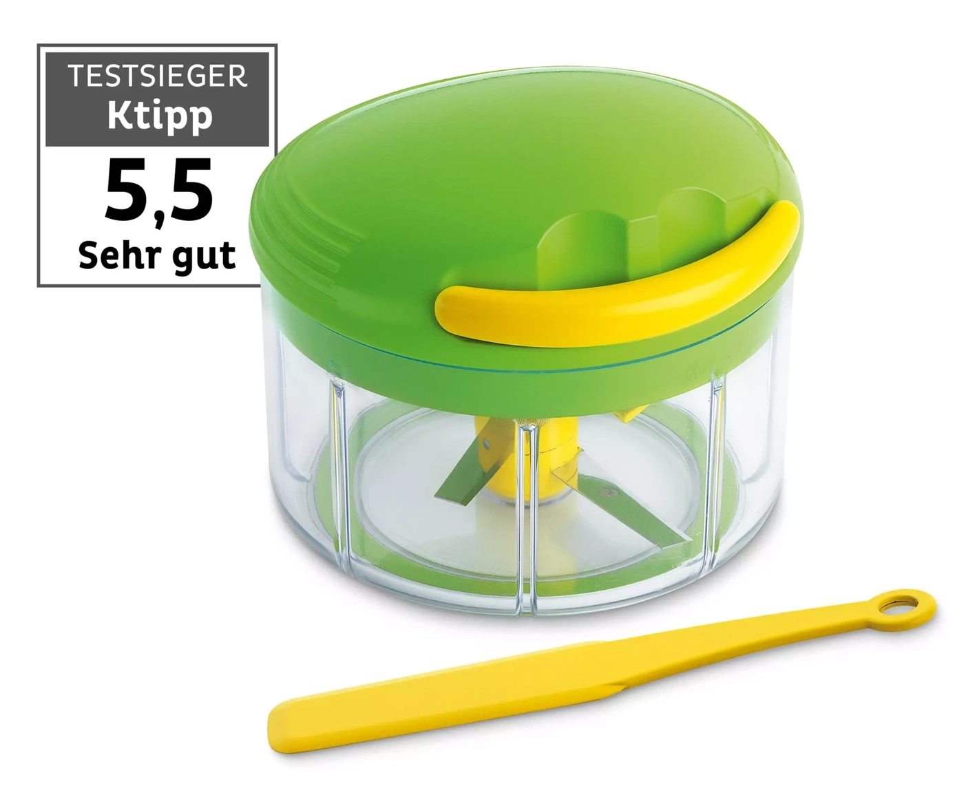 Un hachoir de cuisine vert avec poignée et couvercle jaunes, à côté une spatule jaune