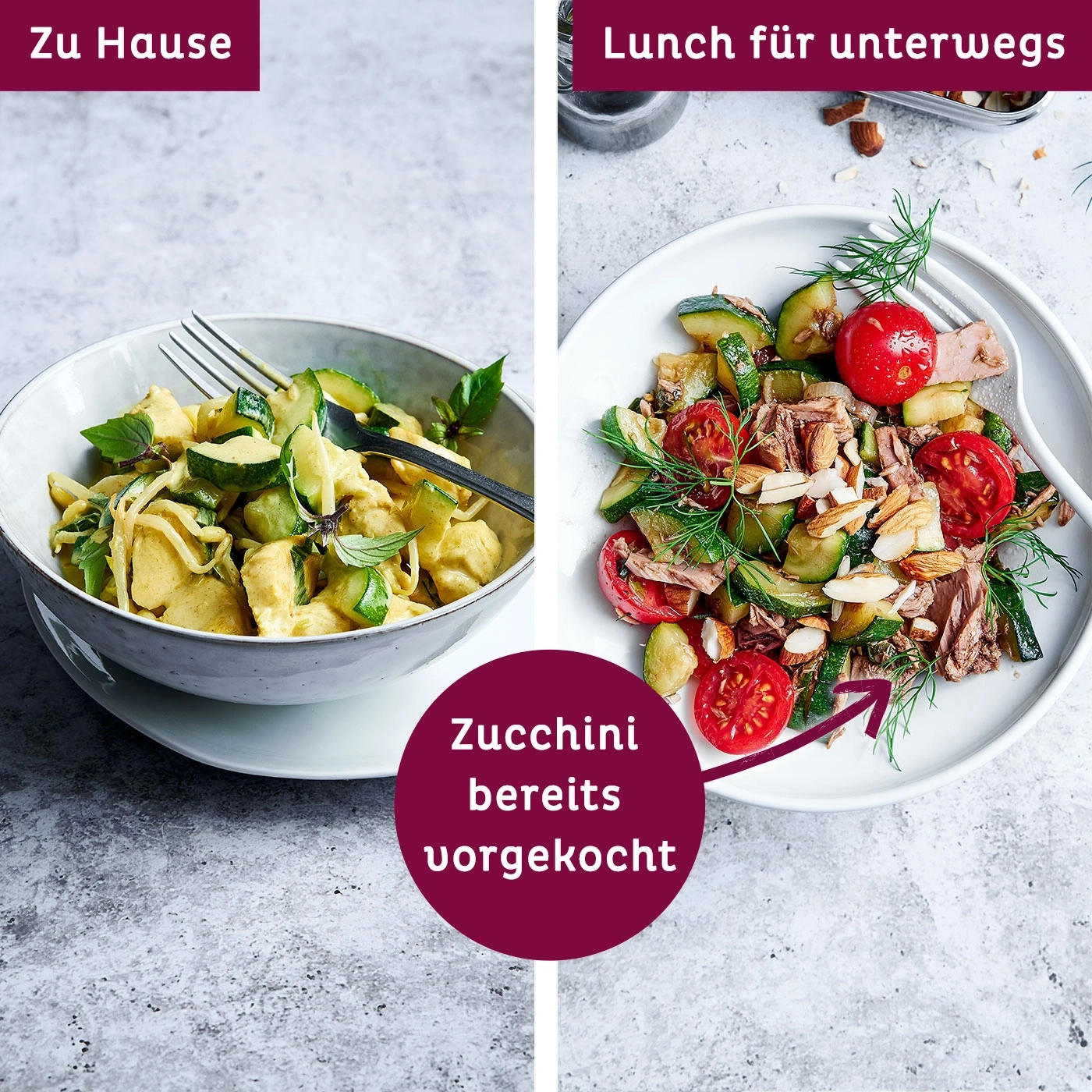 Deux plats de courgettes, un pour la maison, un pour emporter.