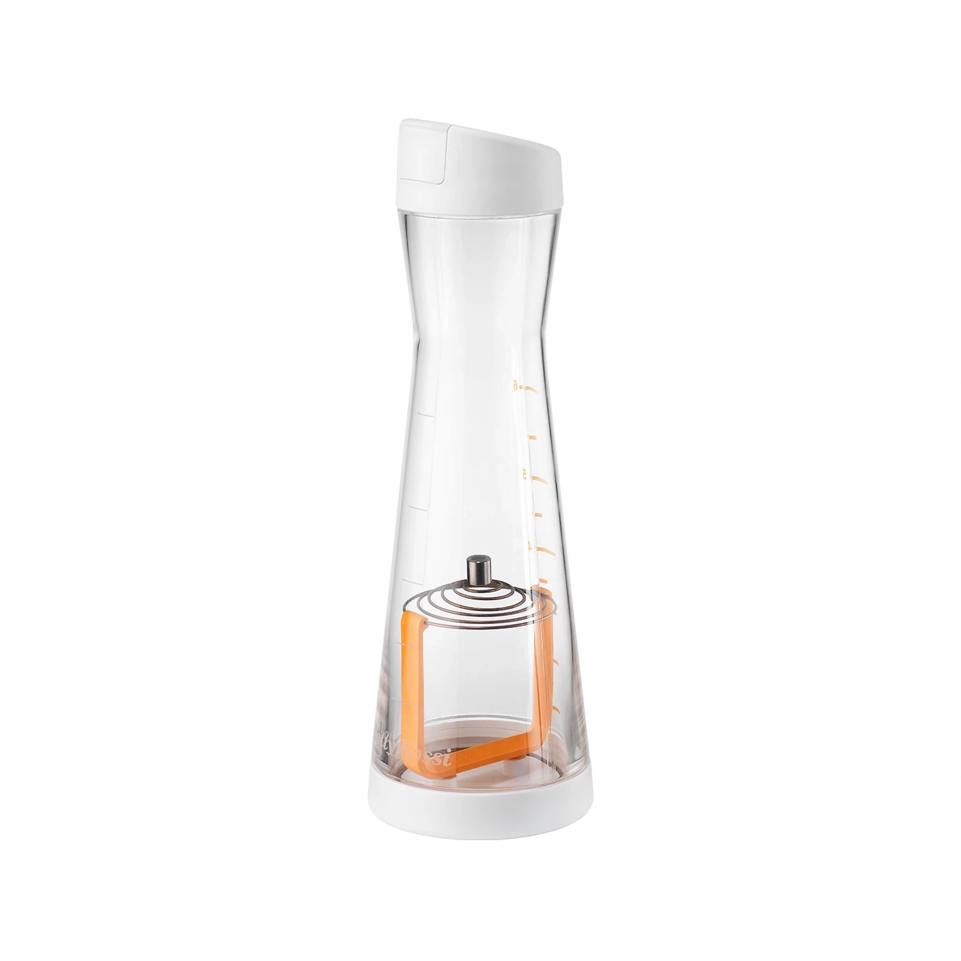 Transparente Karaffe mit orangefarbenem Innenleben und weißem Deckel und Boden.