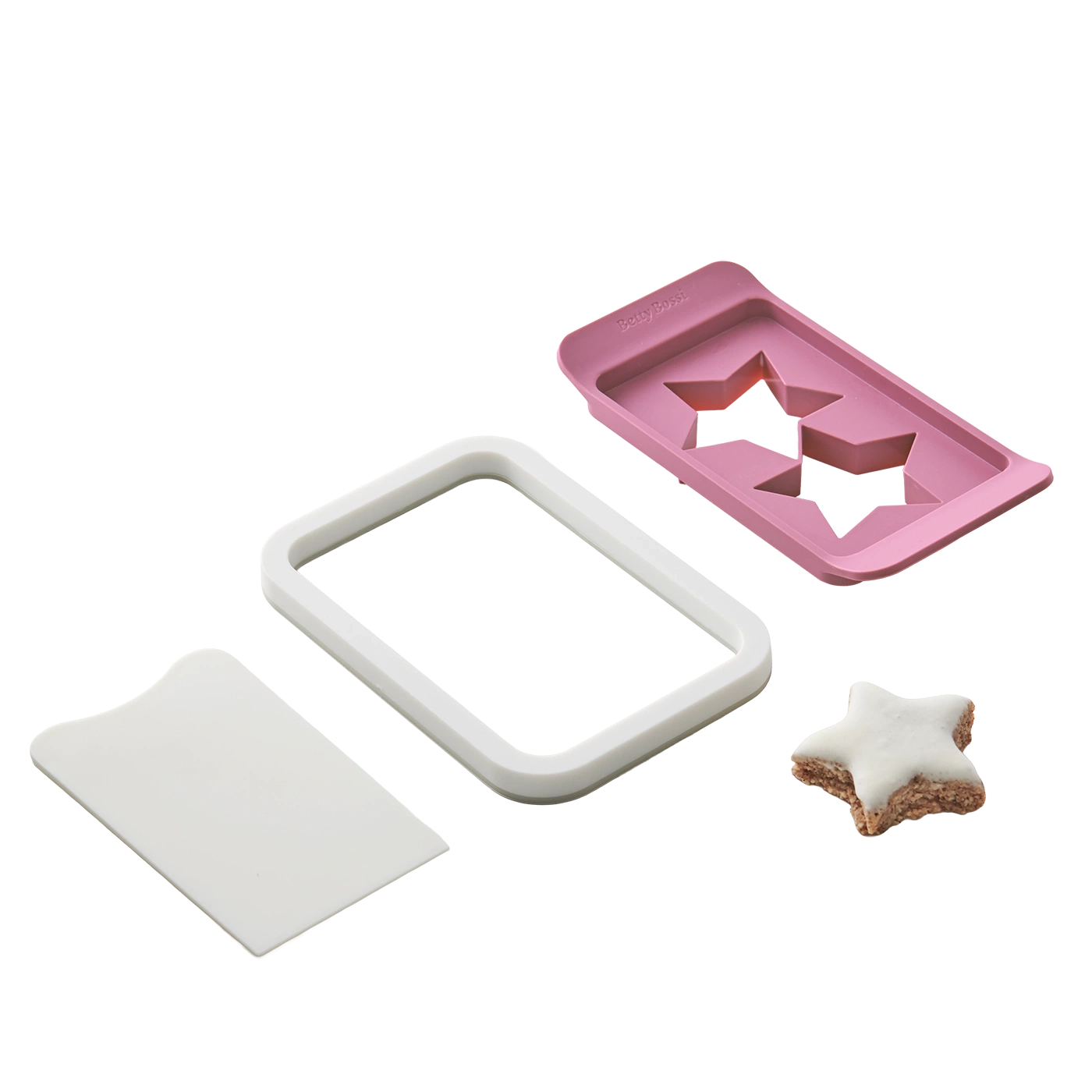 Keksform mit Sternen, rosa und weiß, mit Keks und Schaber