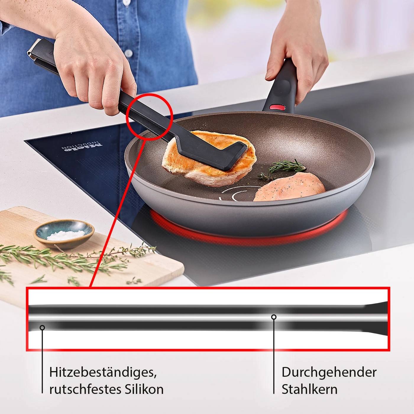 Une personne fait cuire de la viande dans une poêle avec un ustensile de cuisine en silicone sur une plaque à induction.