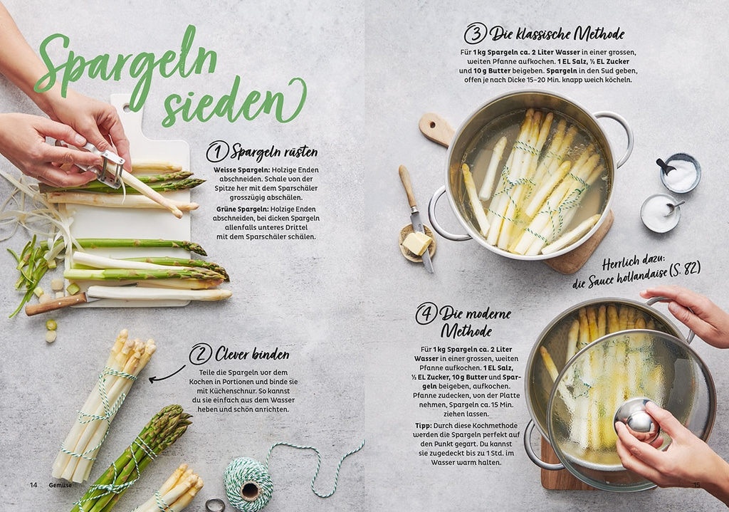 Spargel kochen: Anleitung zum Schälen, Binden und Kochen von Spargel in verschiedenen Methoden.