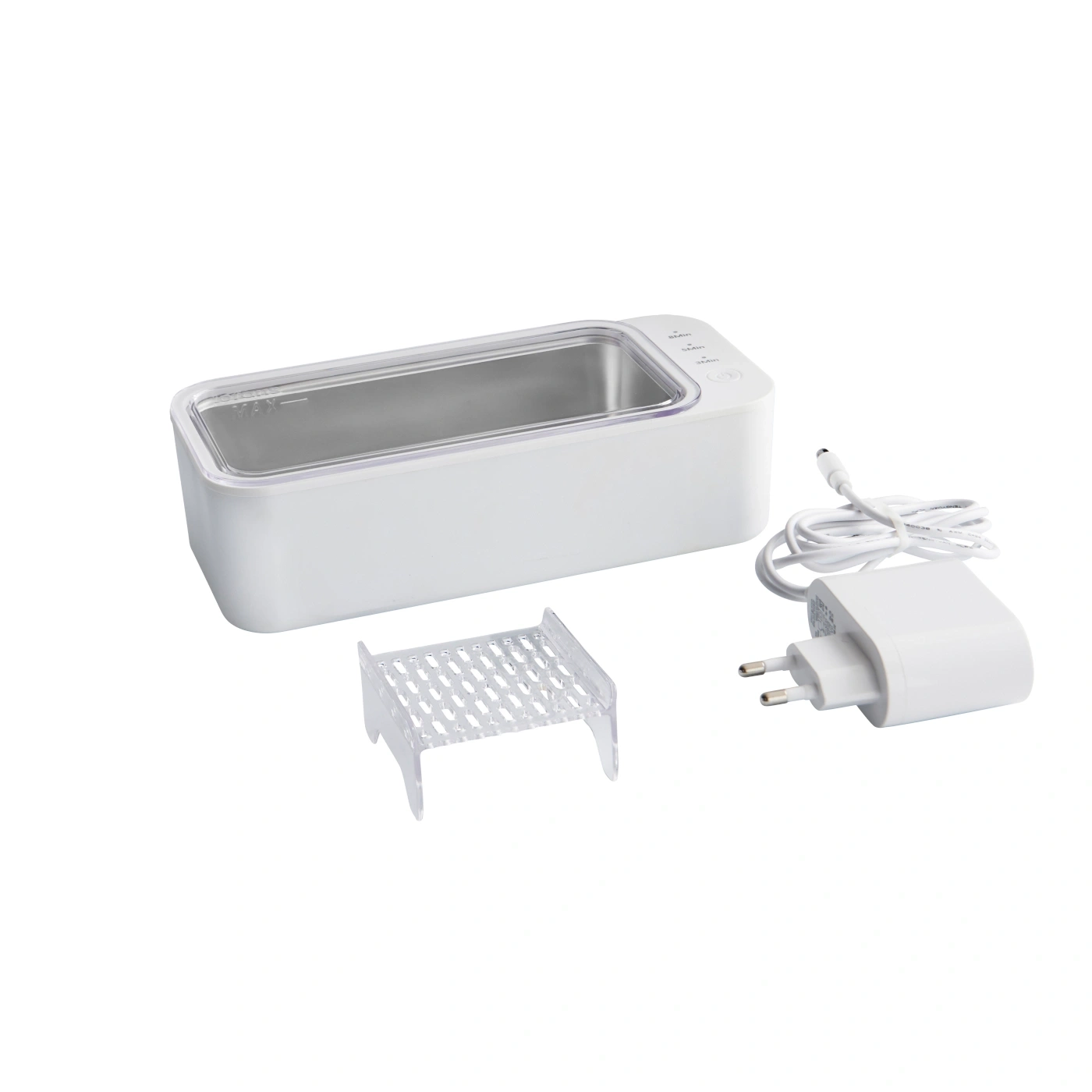 Nettoyeur à ultrasons blanc avec accessoires, adaptateur secteur et panier.