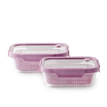 Deux boîtes de conservation violettes avec couvercles et inserts, isolées sur fond blanc.