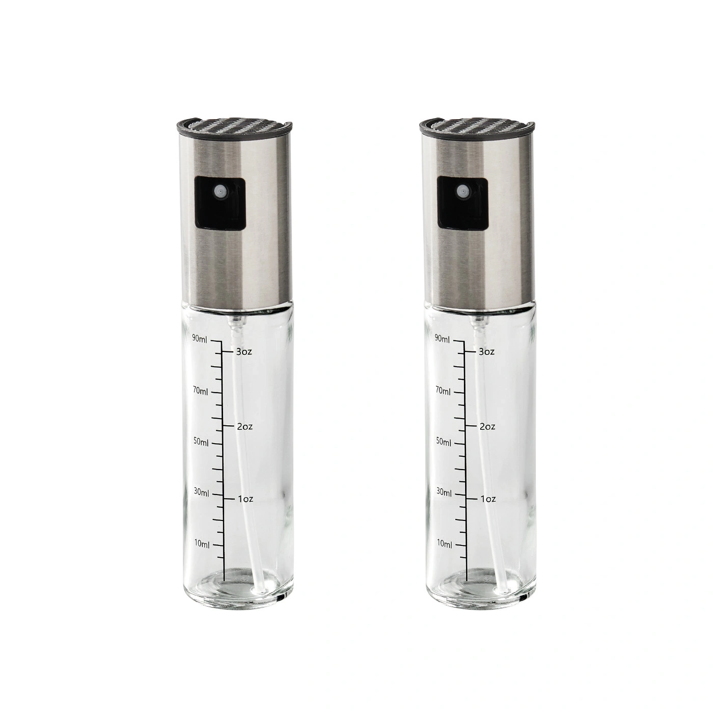 Deux vaporisateurs en verre et métal avec échelle de mesure et tête de pulvérisation.
