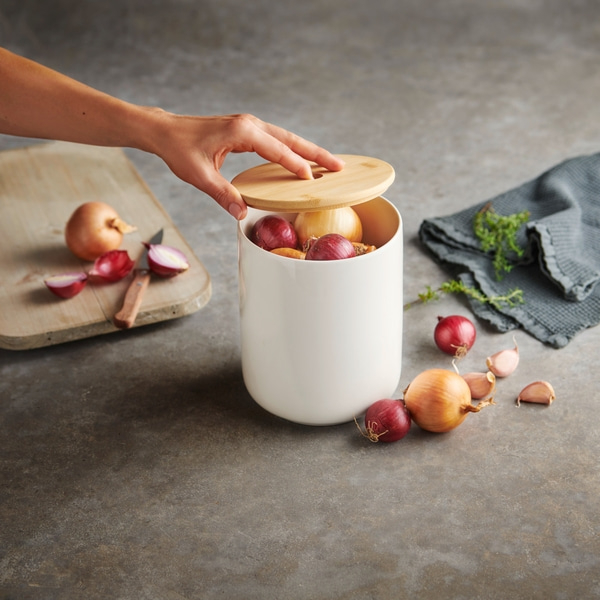 Zwiebeltopf, Keramik mit Bambusdeckel Für Zwiebeln und Knoblauch
