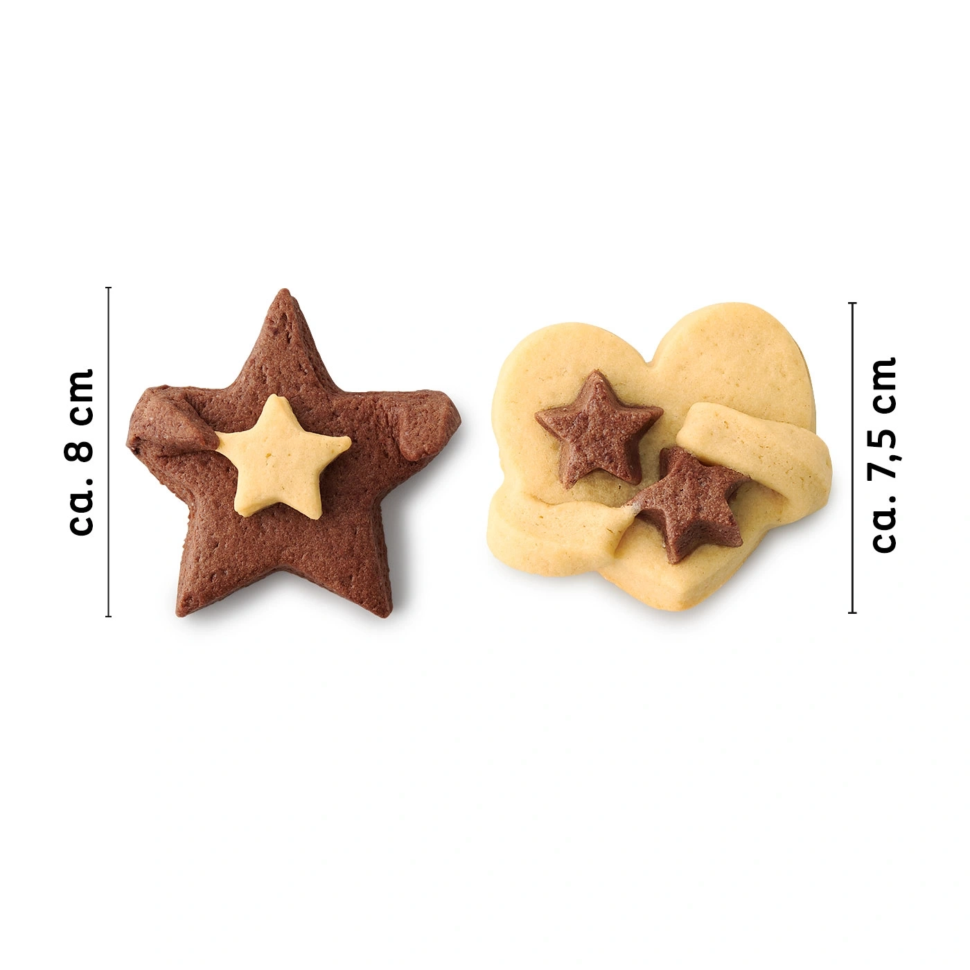 Deux biscuits en forme d'étoile et de cœur avec décoration en étoile, environ 8 cm et 7,5 cm.